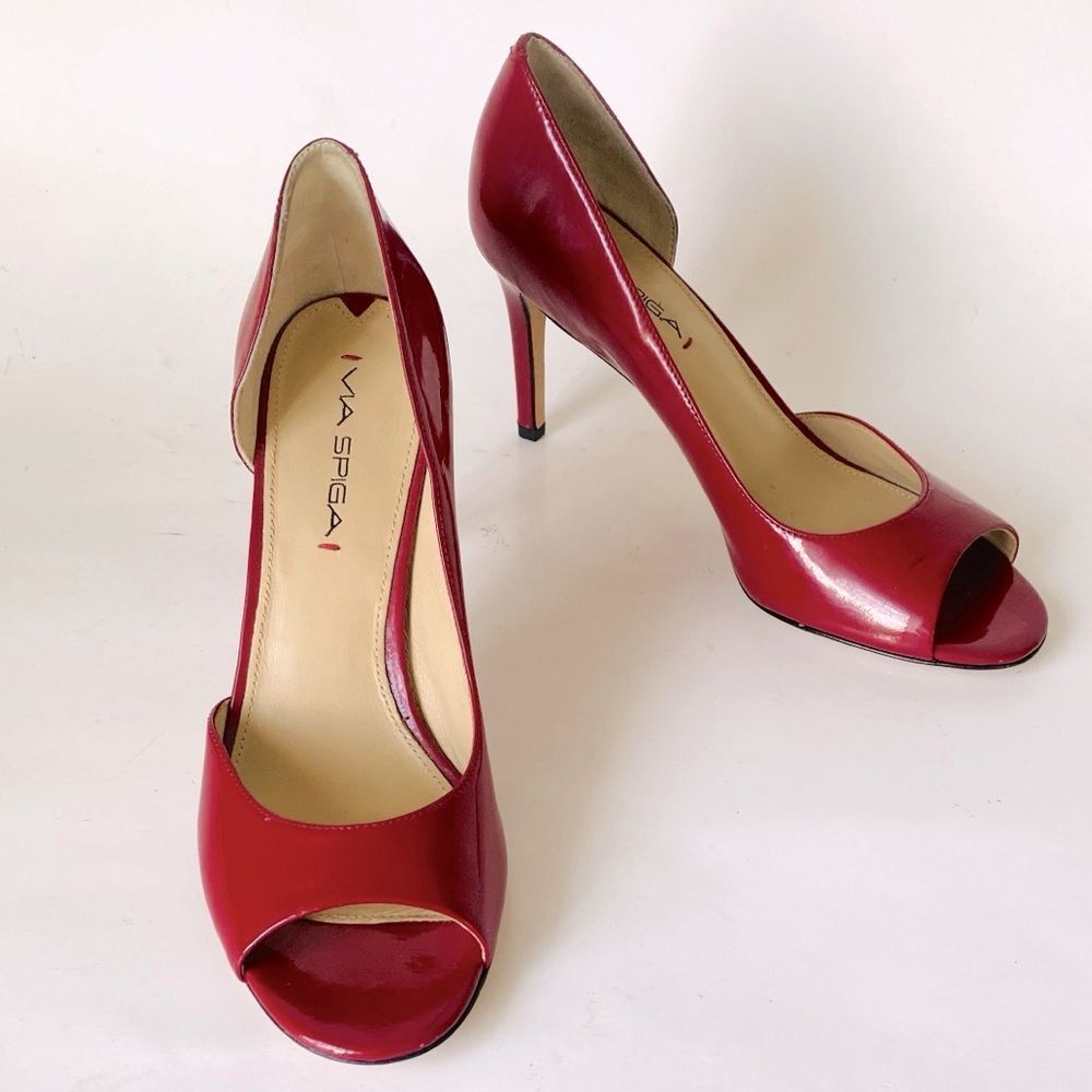 Via Spiga Red Patent Open Toe Heels sz 8 Sexy Cocktail Preppy Office Party Chic